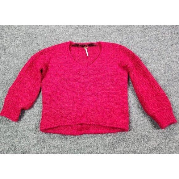 Free People Cotton Alpaca Chunky Knit V Neck Pullover Sweater Pink SHRUNKEN?? XS - Picture 1 of 10